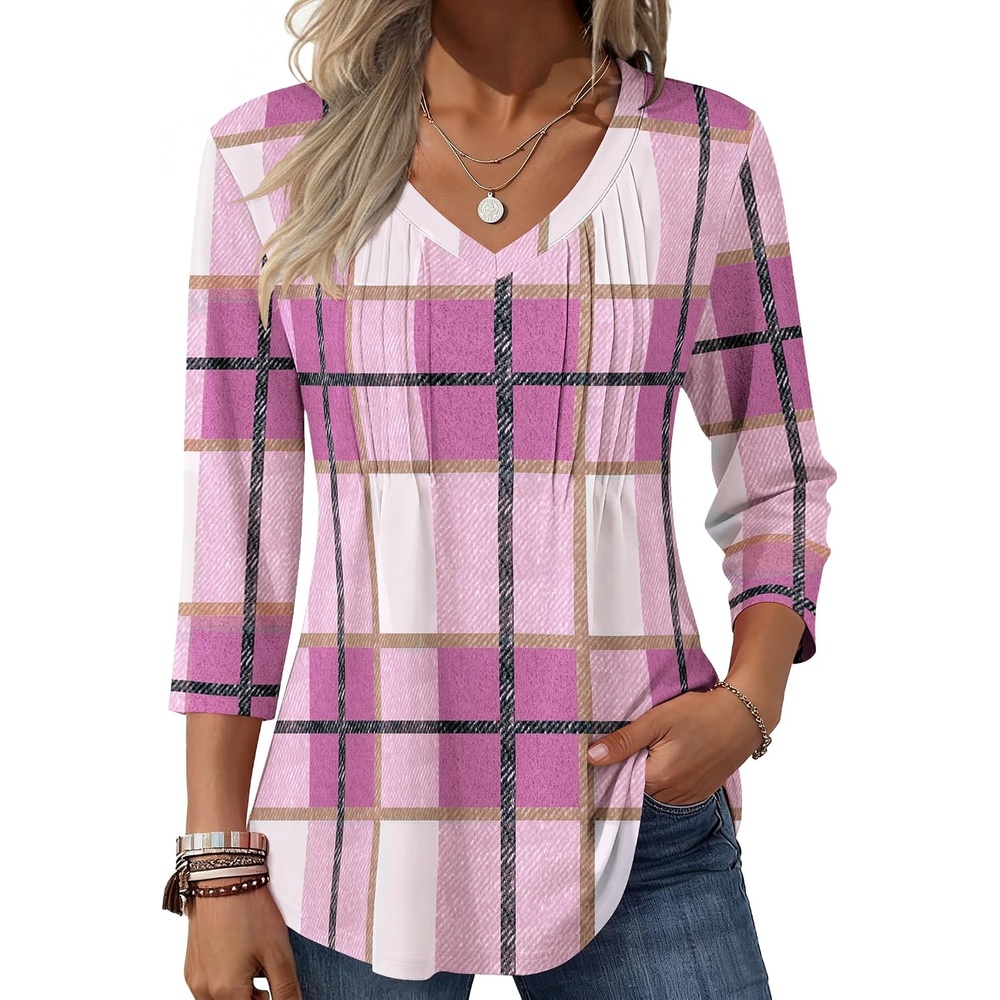 image:imageZeagoo 34 Length Sleeve Womens Tops V Neck Pleated Boho Floral BlousesPink Plaid