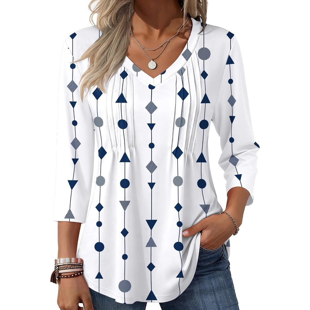 image:imageZeagoo 34 Length Sleeve Womens Tops V Neck Pleated Boho Floral BlousesWhite Striped 599
