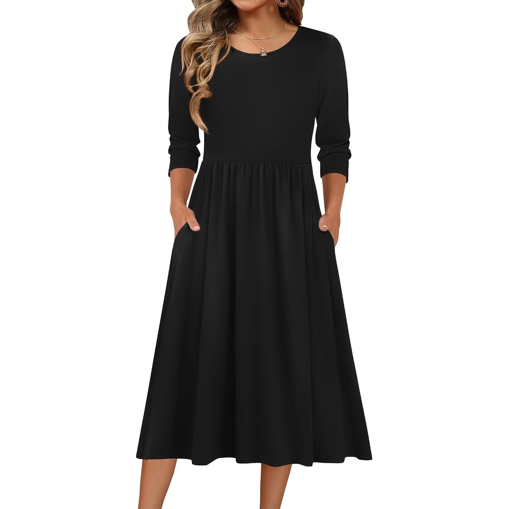 image:imageZeagoo 34 Sleeve Womens Dress Casual Aline Summer Fall Midi Long Dresses01black