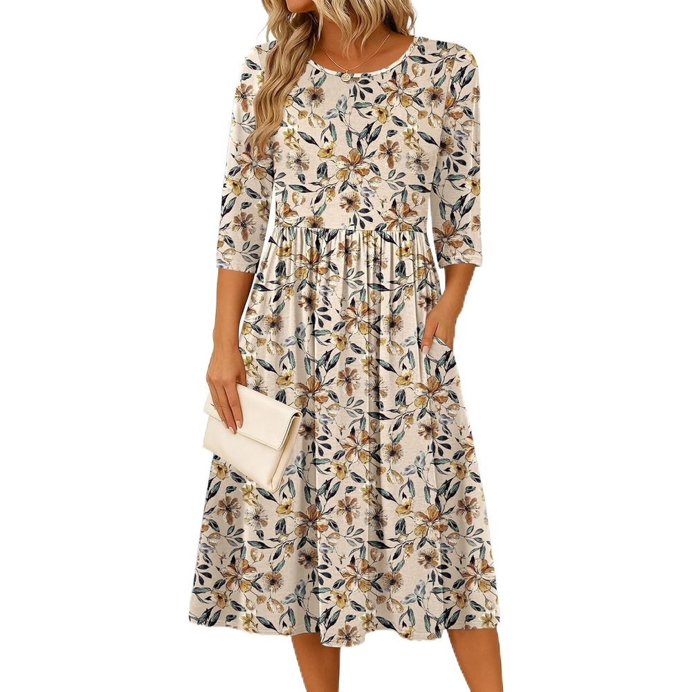 image:imageZeagoo 34 Sleeve Womens Dress Casual Aline Summer Fall Midi Long DressesApricot Floral