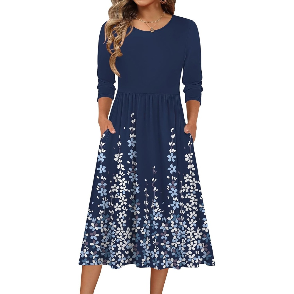 image:imageZeagoo 34 Sleeve Womens Dress Casual Aline Summer Fall Midi Long DressesBlue Flower