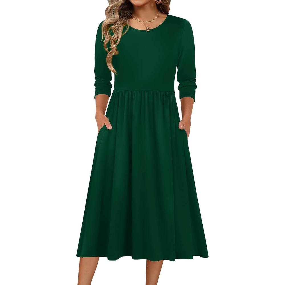 image:imageZeagoo 34 Sleeve Womens Dress Casual Aline Summer Fall Midi Long DressesGreen