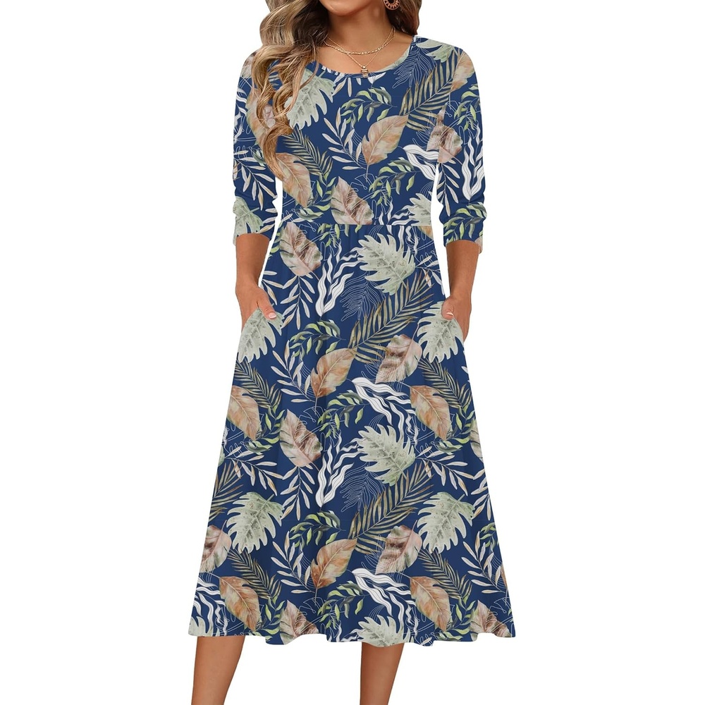 image:imageZeagoo 34 Sleeve Womens Dress Casual Aline Summer Fall Midi Long DressesLeaf Print