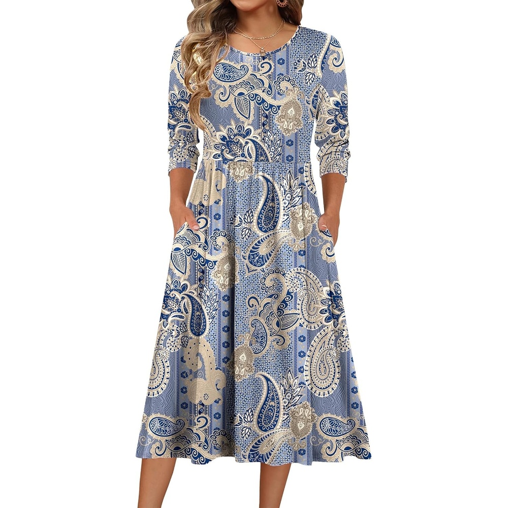 image:imageZeagoo 34 Sleeve Womens Dress Casual Aline Summer Fall Midi Long DressesMz919