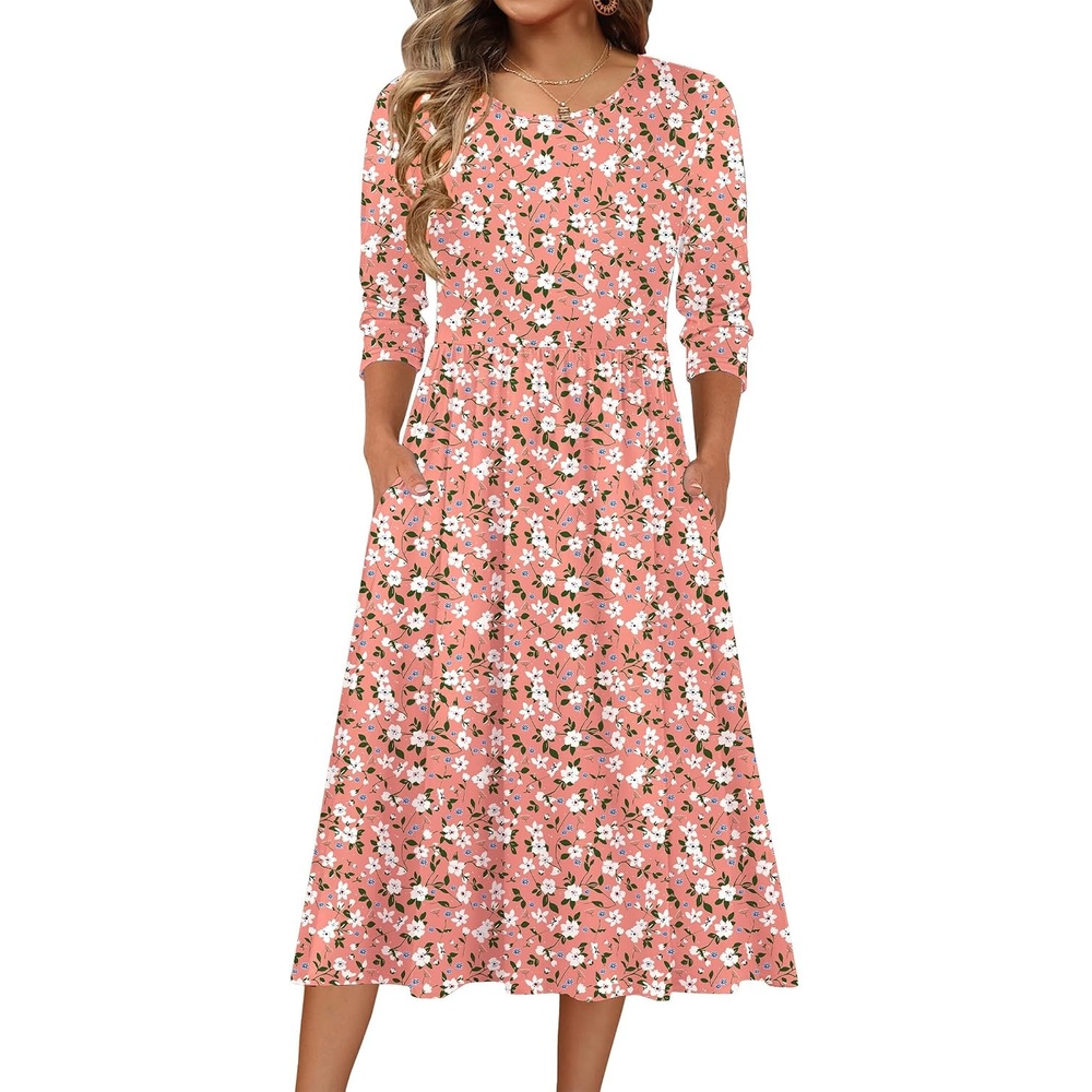 image:imageZeagoo 34 Sleeve Womens Dress Casual Aline Summer Fall Midi Long DressesPink Floral