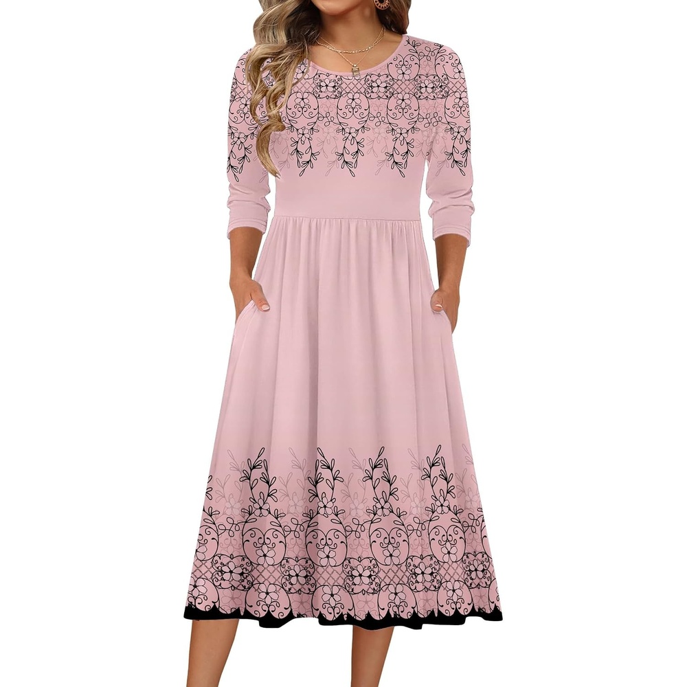 image:imageZeagoo 34 Sleeve Womens Dress Casual Aline Summer Fall Midi Long DressesPink Flower