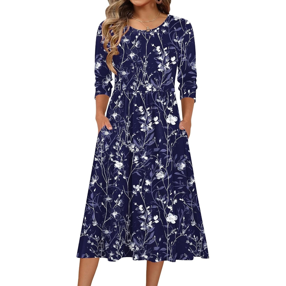 image:imageZeagoo 34 Sleeve Womens Dress Casual Aline Summer Fall Midi Long DressesSf180