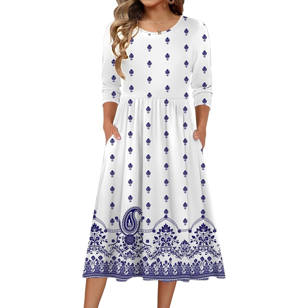 image:imageZeagoo 34 Sleeve Womens Dress Casual Aline Summer Fall Midi Long DressesWhite Ethnic Print