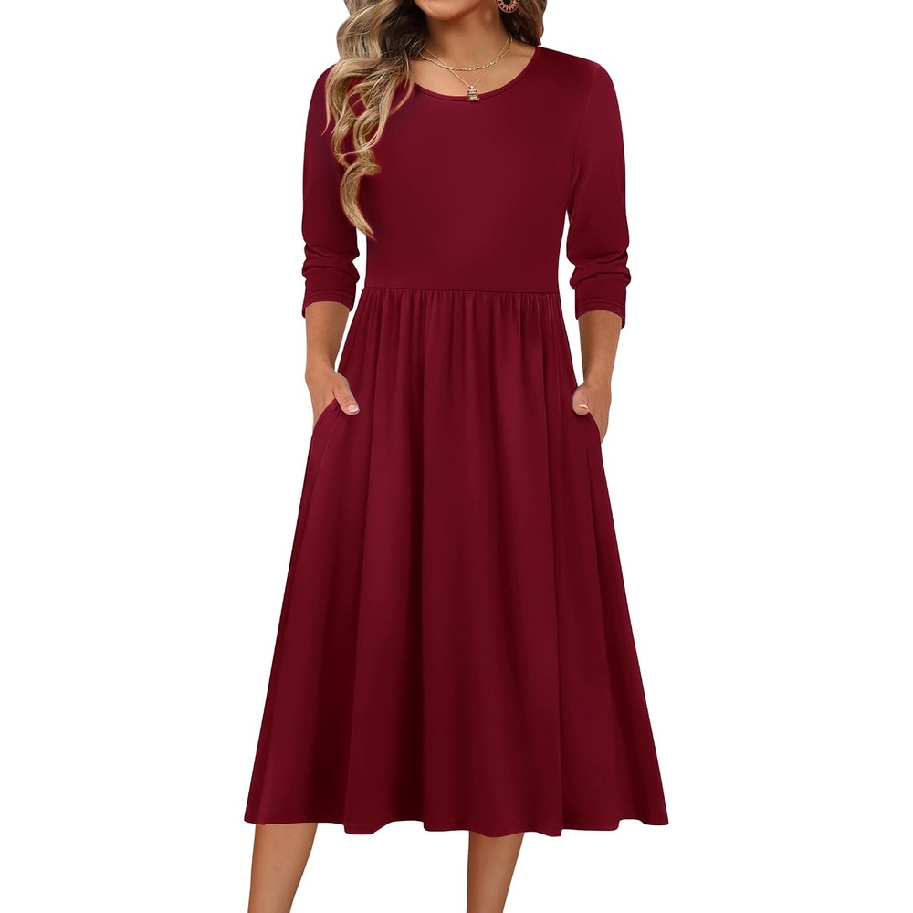 image:imageZeagoo 34 Sleeve Womens Dress Casual Aline Summer Fall Midi Long DressesWine Red