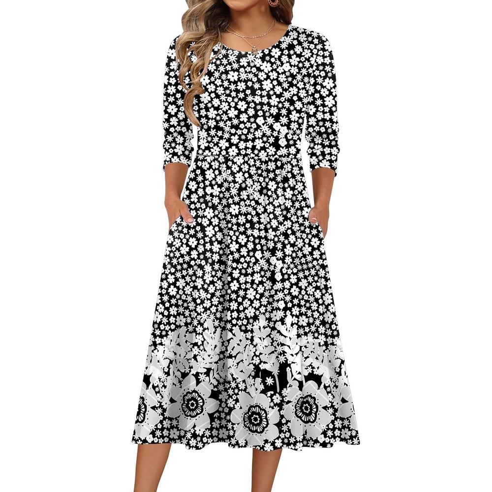 image:imageZeagoo 34 Sleeve Womens Dress Casual Aline Summer Fall Midi Long DressesXh523