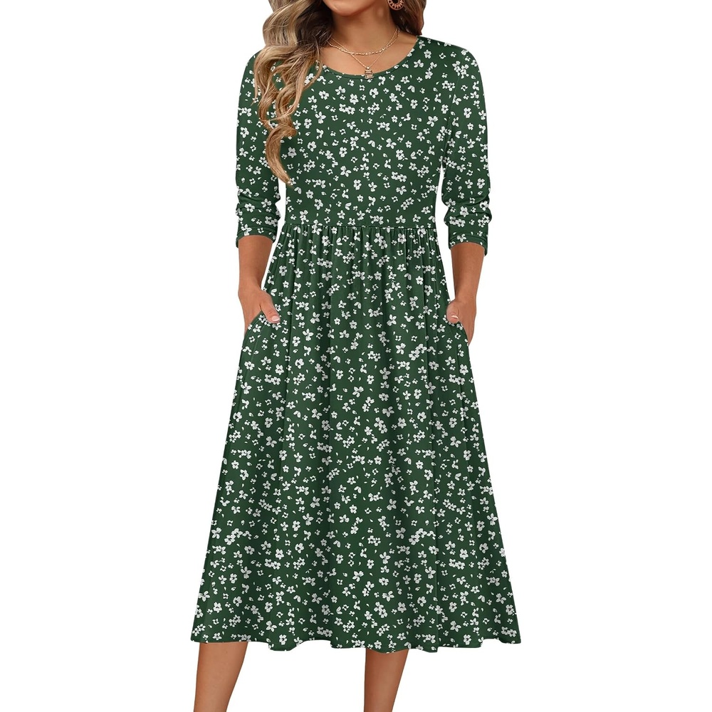 image:imageZeagoo 34 Sleeve Womens Dress Casual Aline Summer Fall Midi Long DressesXh527