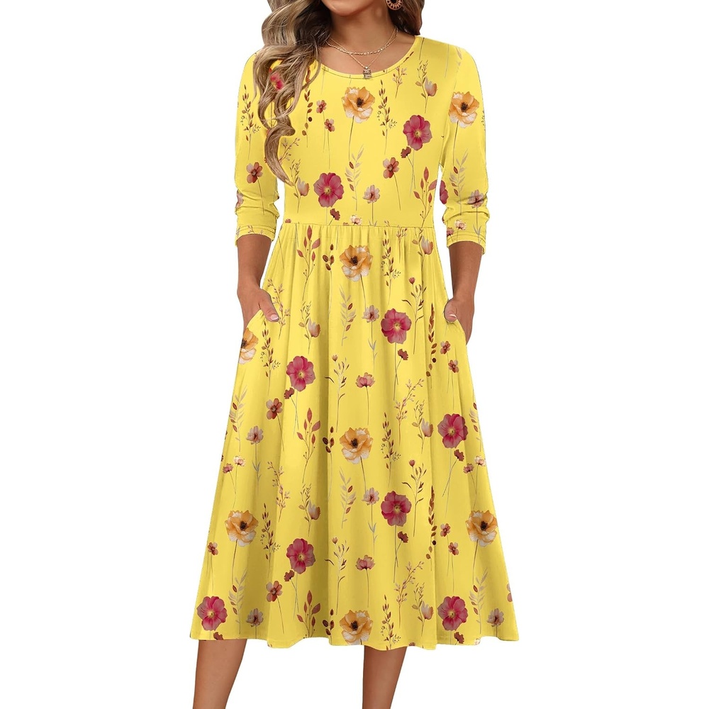 image:imageZeagoo 34 Sleeve Womens Dress Casual Aline Summer Fall Midi Long DressesYellow Floral