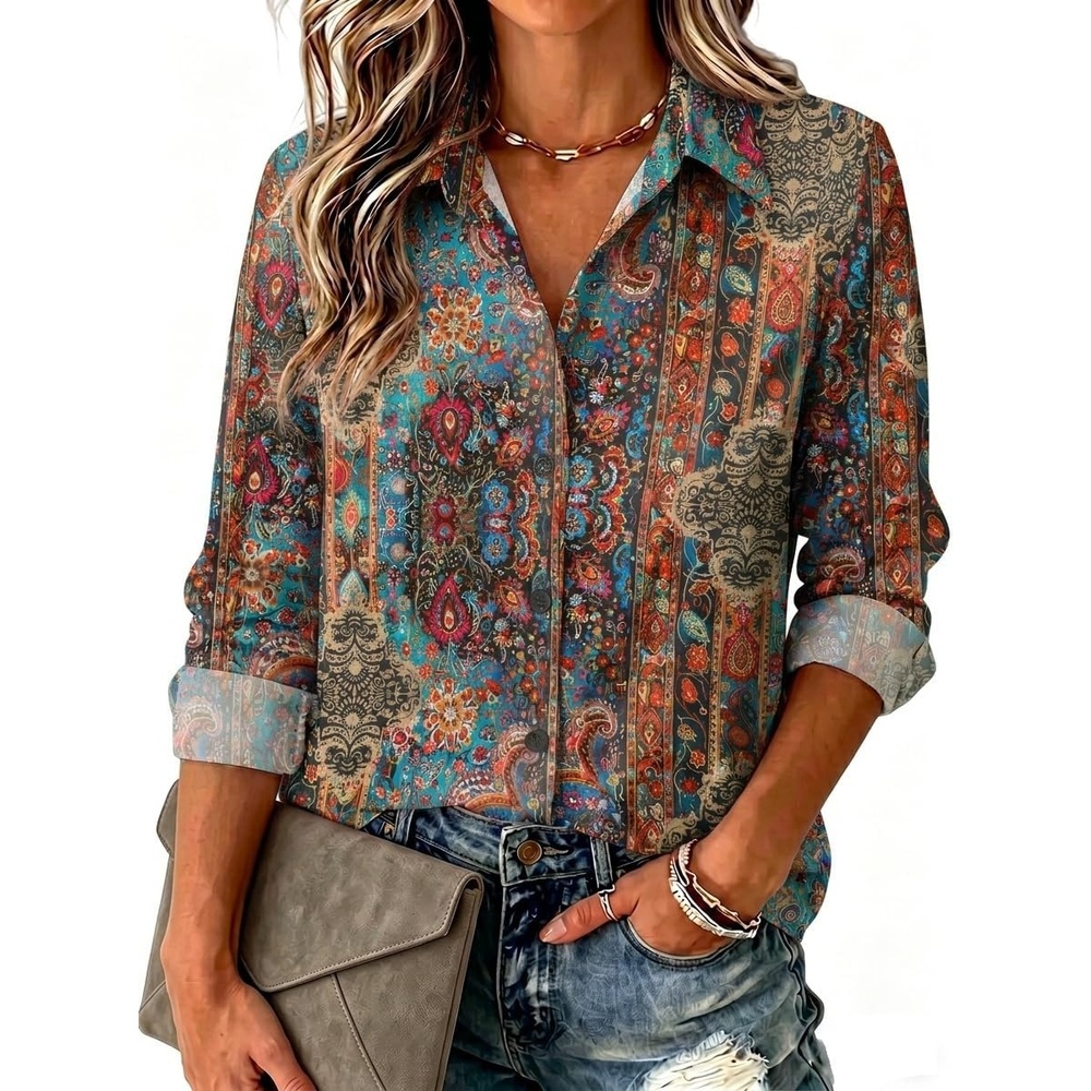 image:imageZeagoo Blouse for Women Dressy Long Sleeve Button Down Shirts V Neck TopsBoho Multicolor 721