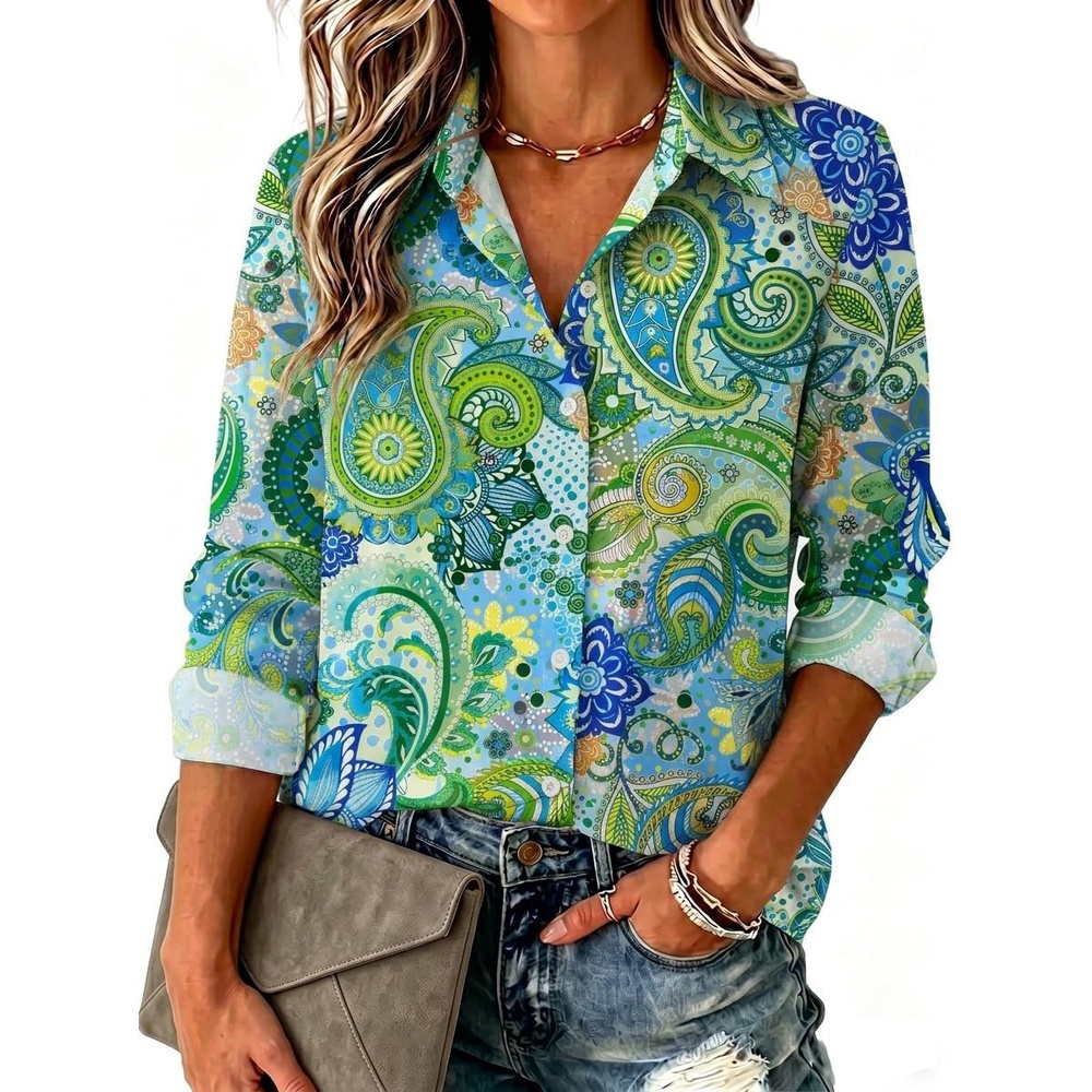 image:imageZeagoo Blouse for Women Dressy Long Sleeve Button Down Shirts V Neck TopsPaisley Green Blue 2