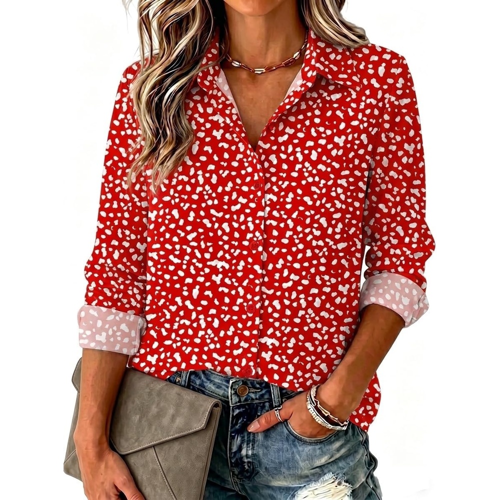 image:imageZeagoo Blouse for Women Dressy Long Sleeve Button Down Shirts V Neck TopsPolka Dot Red 590
