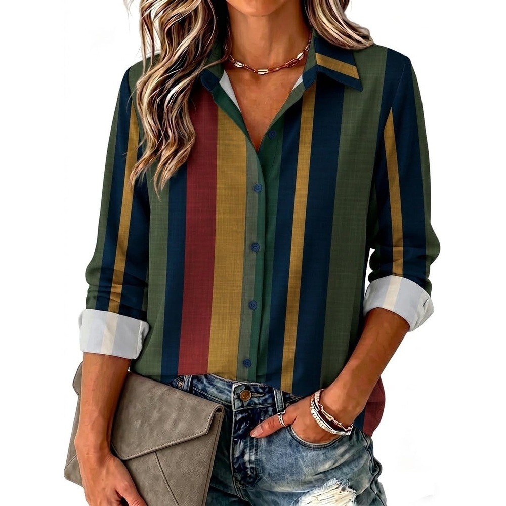 image:imageZeagoo Blouse for Women Dressy Long Sleeve Button Down Shirts V Neck TopsStripes Multicolor 275