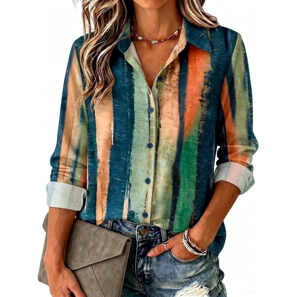 image:imageZeagoo Blouse for Women Dressy Long Sleeve Button Down Shirts V Neck TopsStripes Multicolor 289