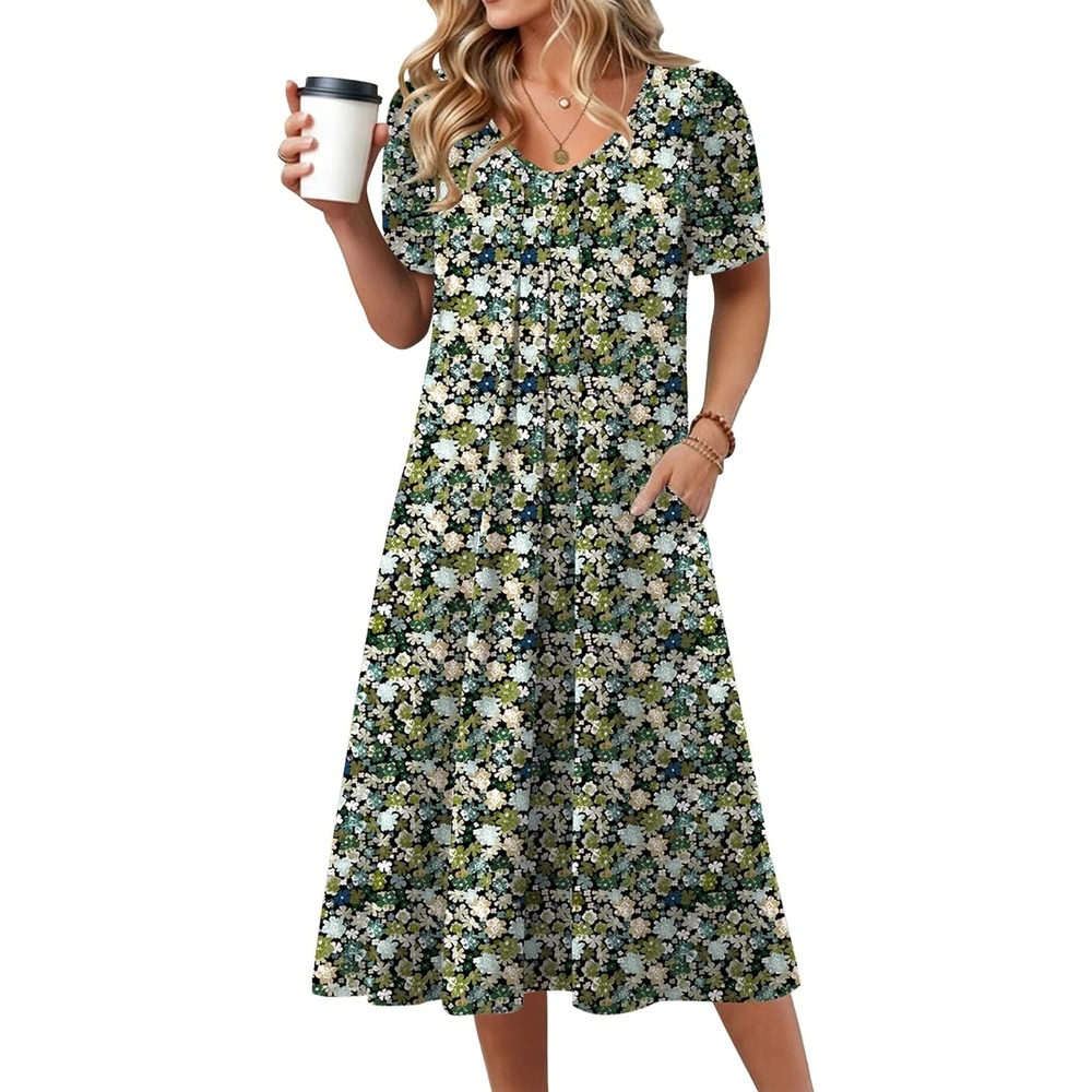 image:imageZeagoo Summer Casual Dress for Womens Floral Midi Sundress with PocketsGreen Floral