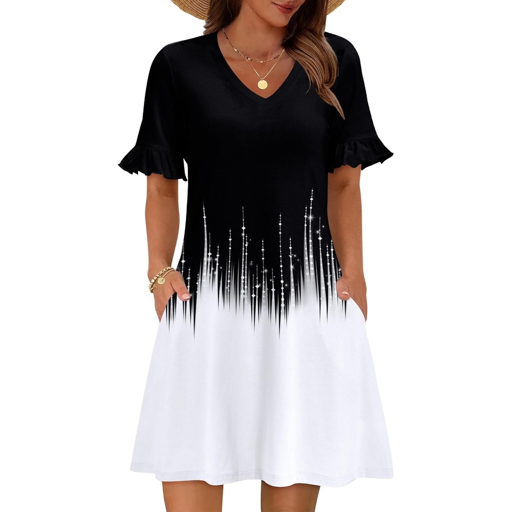 image:imageZeagoo Summer Casual Dresses for Women A Line Sun Dress Ruffle Short Sleeve V Neck Floral Tshirt Dress with PocketsBlack White Printed
