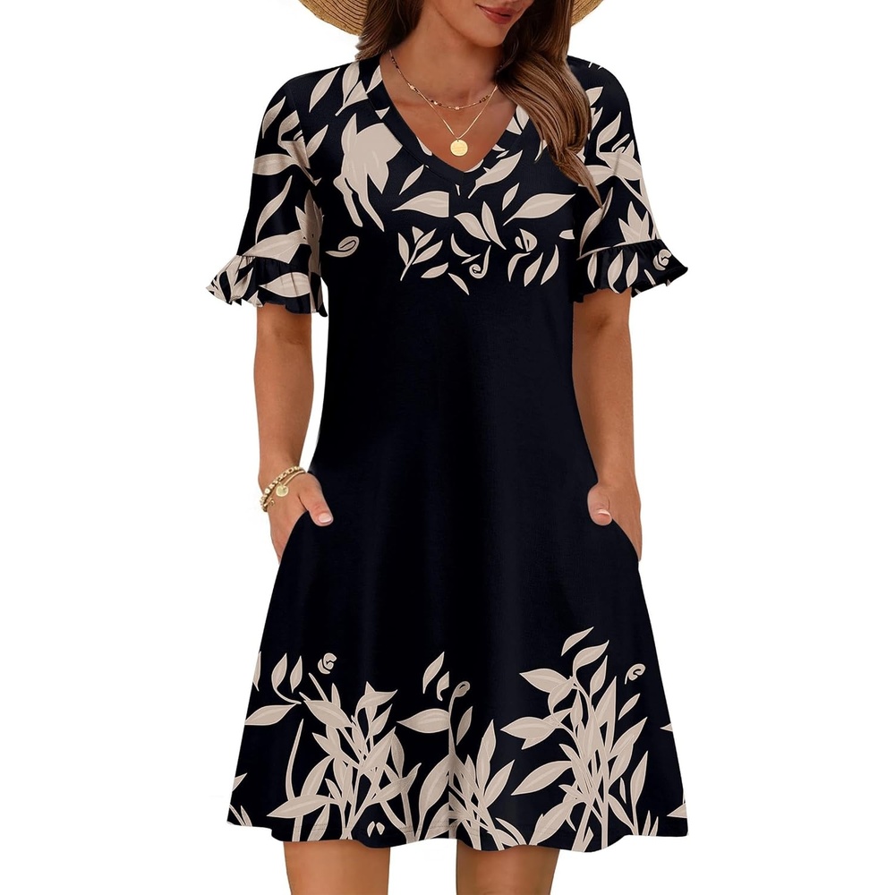 image:imageZeagoo Summer Casual Dresses for Women A Line Sun Dress Ruffle Short Sleeve V Neck Floral Tshirt Dress with PocketsBlackprinted