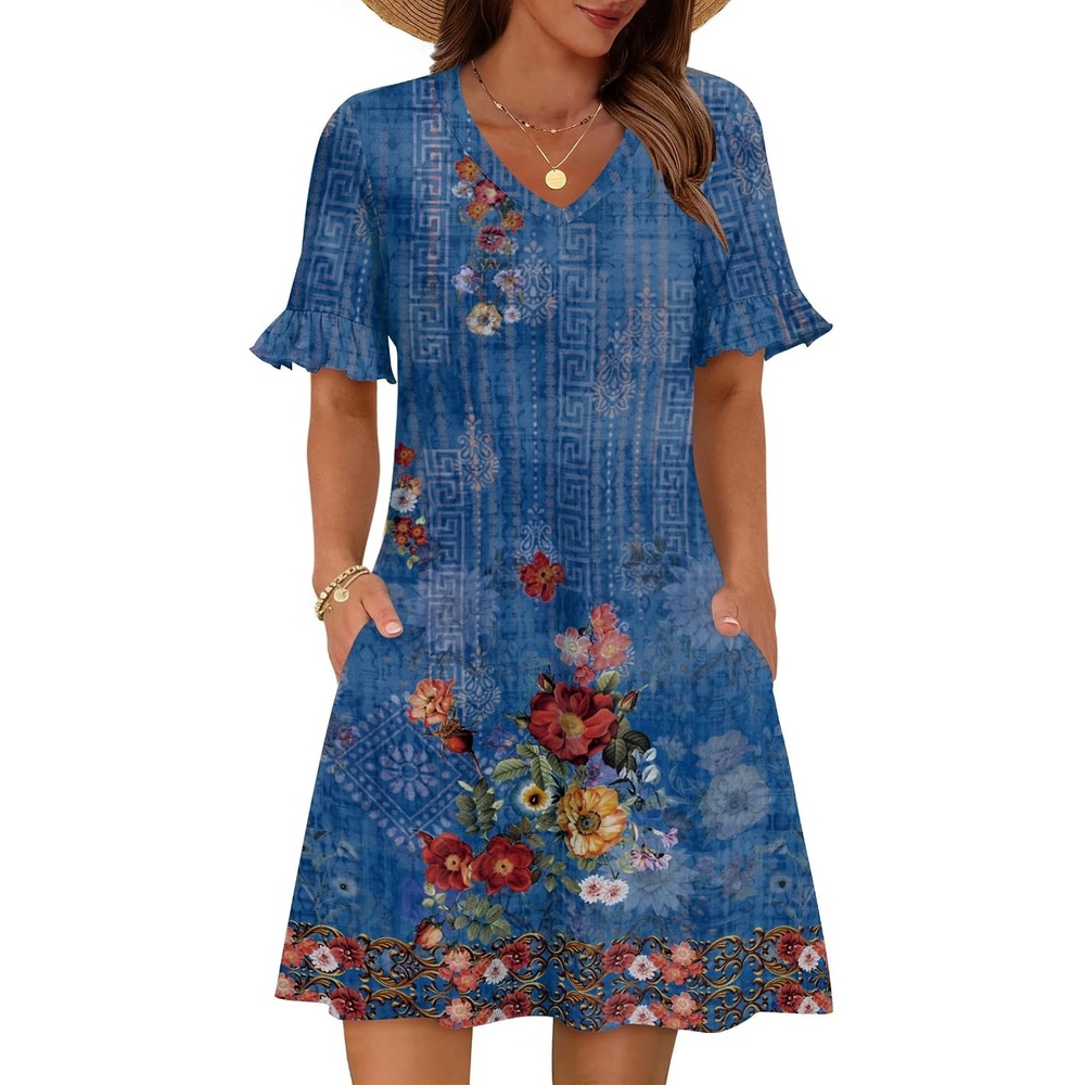 image:imageZeagoo Summer Casual Dresses for Women A Line Sun Dress Ruffle Short Sleeve V Neck Floral Tshirt Dress with PocketsBlue Floralprinted