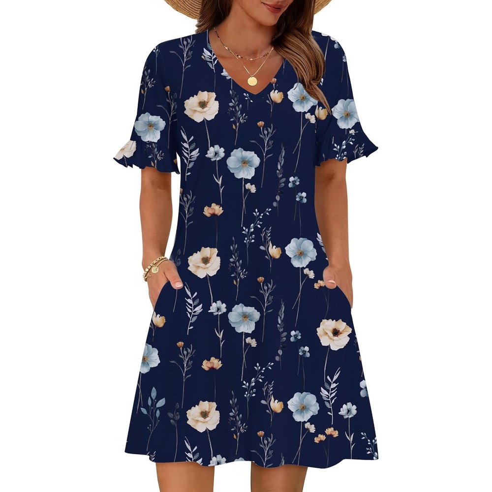 image:imageZeagoo Summer Casual Dresses for Women A Line Sun Dress Ruffle Short Sleeve V Neck Floral Tshirt Dress with PocketsDark Blue Floral
