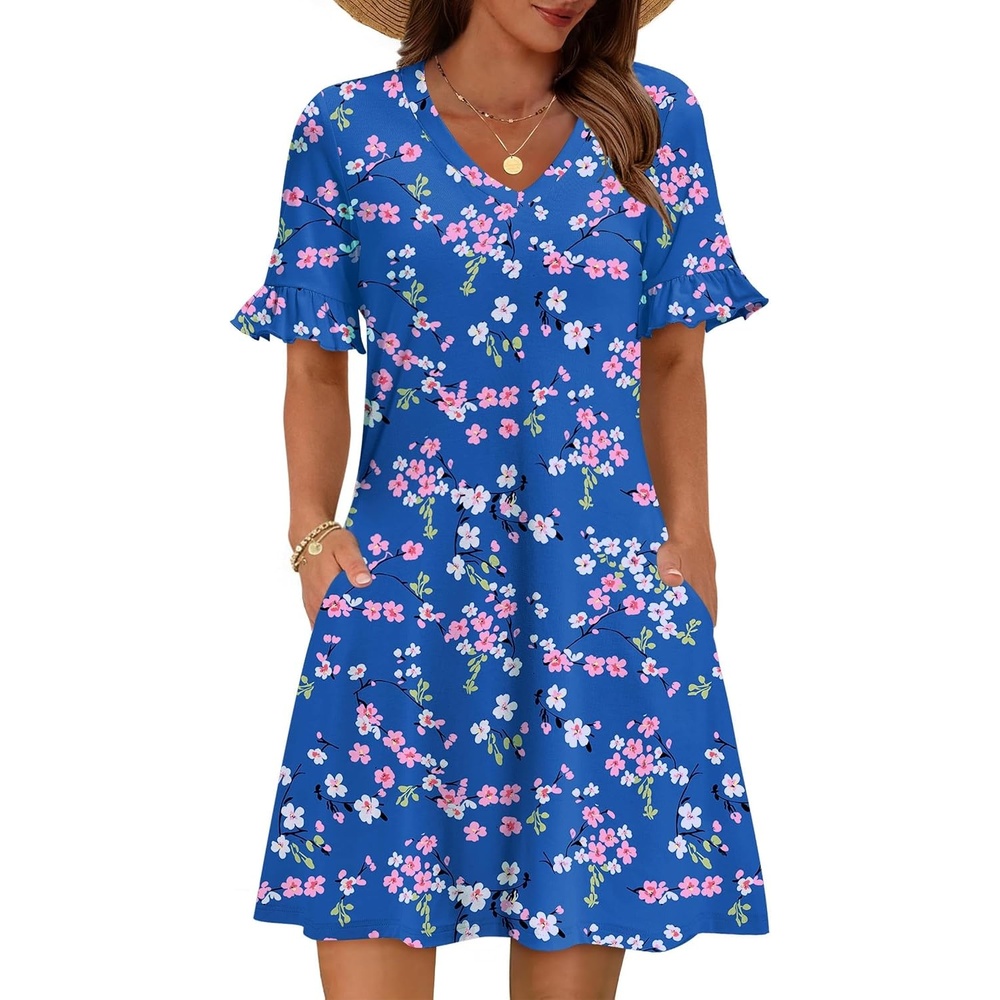 image:imageZeagoo Summer Casual Dresses for Women A Line Sun Dress Ruffle Short Sleeve V Neck Floral Tshirt Dress with PocketsFloral Print