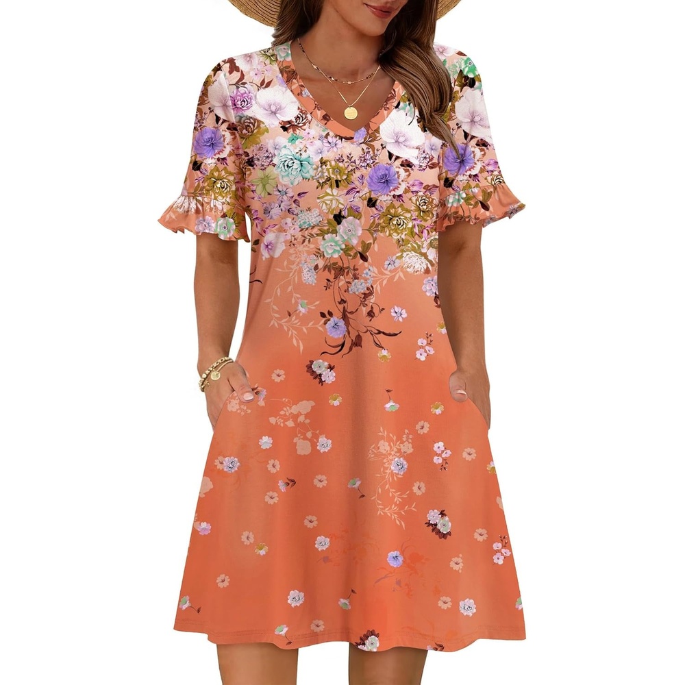 image:imageZeagoo Summer Casual Dresses for Women A Line Sun Dress Ruffle Short Sleeve V Neck Floral Tshirt Dress with PocketsFloral Printed1