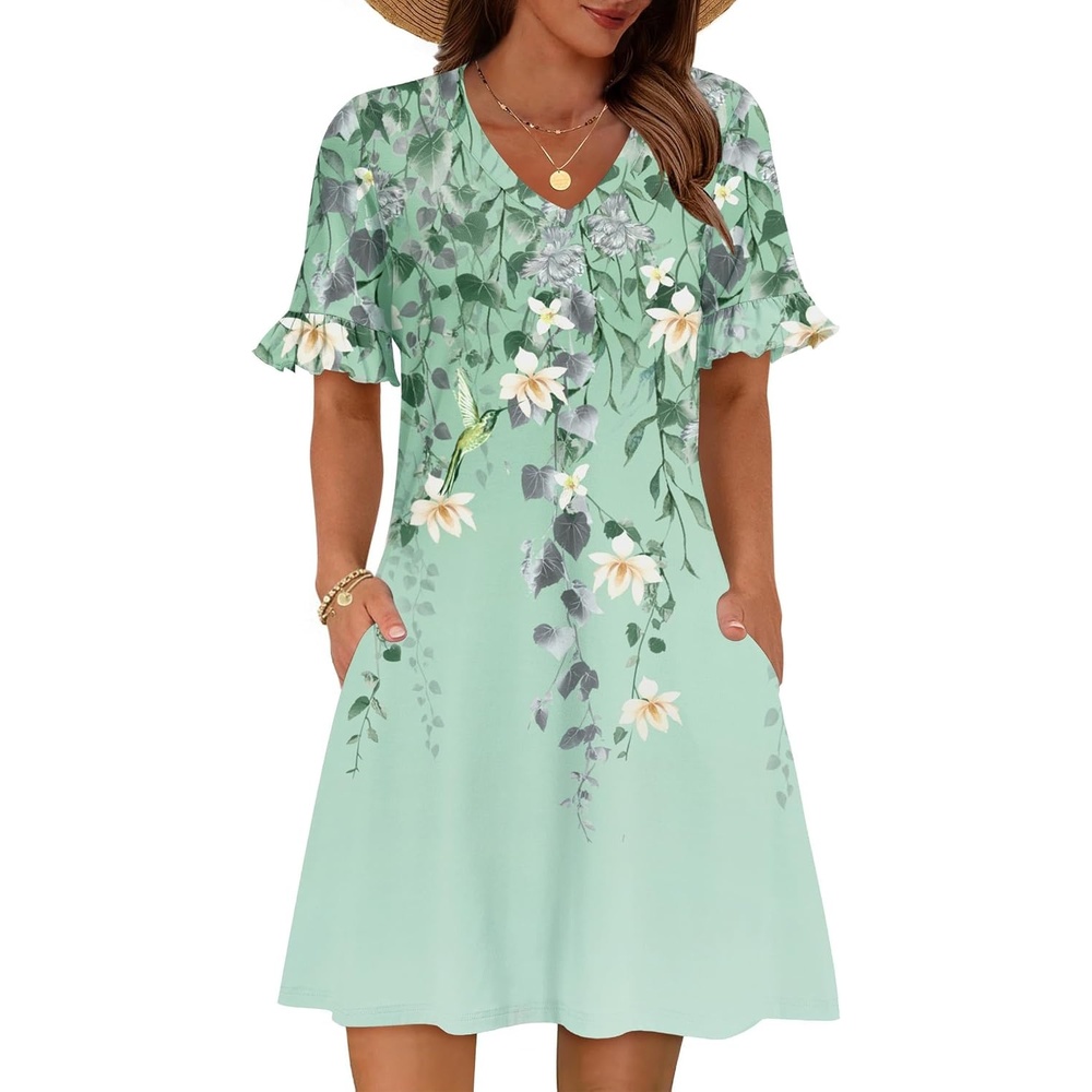 image:imageZeagoo Summer Casual Dresses for Women A Line Sun Dress Ruffle Short Sleeve V Neck Floral Tshirt Dress with PocketsFloral Printed2