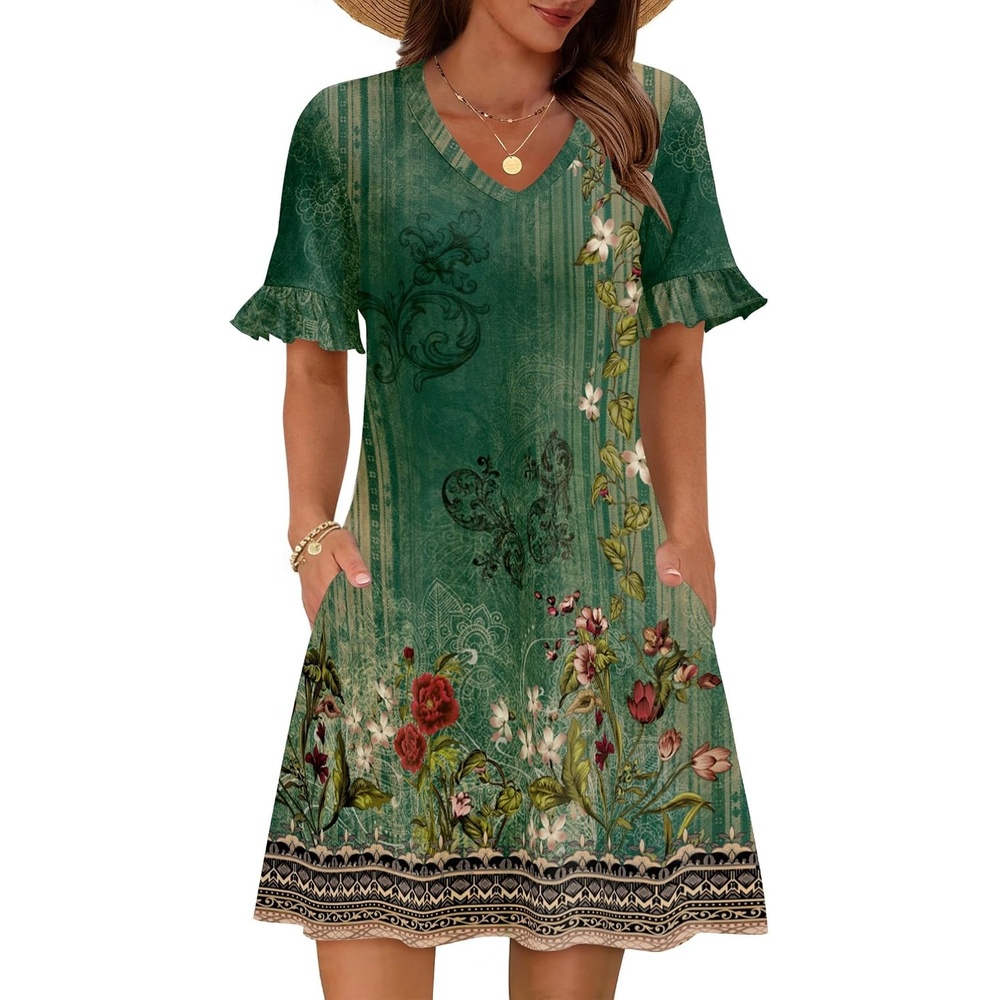image:imageZeagoo Summer Casual Dresses for Women A Line Sun Dress Ruffle Short Sleeve V Neck Floral Tshirt Dress with PocketsGreen Floral