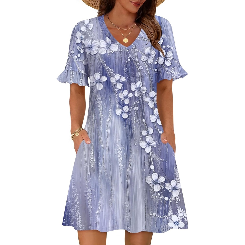image:imageZeagoo Summer Casual Dresses for Women A Line Sun Dress Ruffle Short Sleeve V Neck Floral Tshirt Dress with PocketsGrey Floralprinted