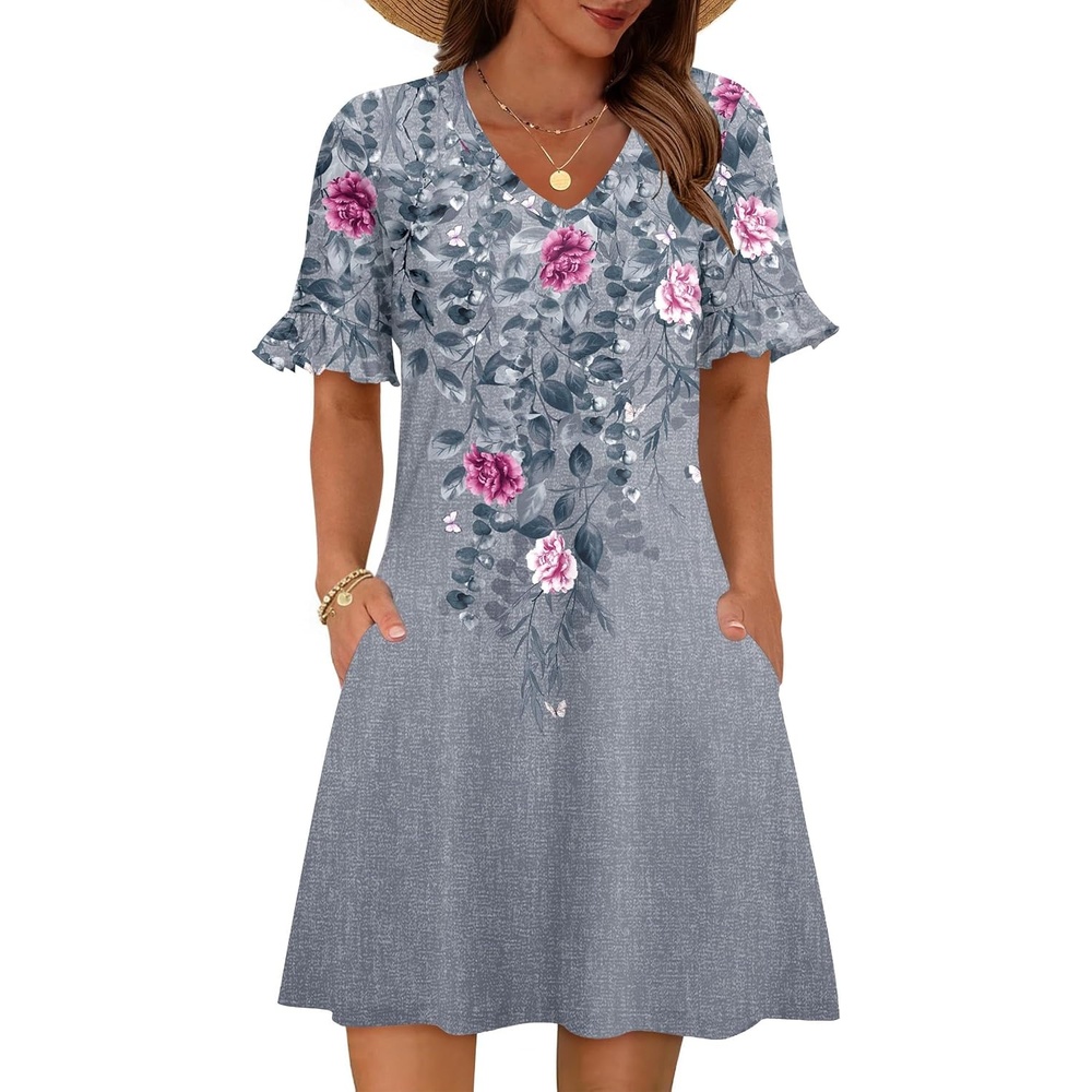 image:imageZeagoo Summer Casual Dresses for Women A Line Sun Dress Ruffle Short Sleeve V Neck Floral Tshirt Dress with PocketsGrey Red Floral