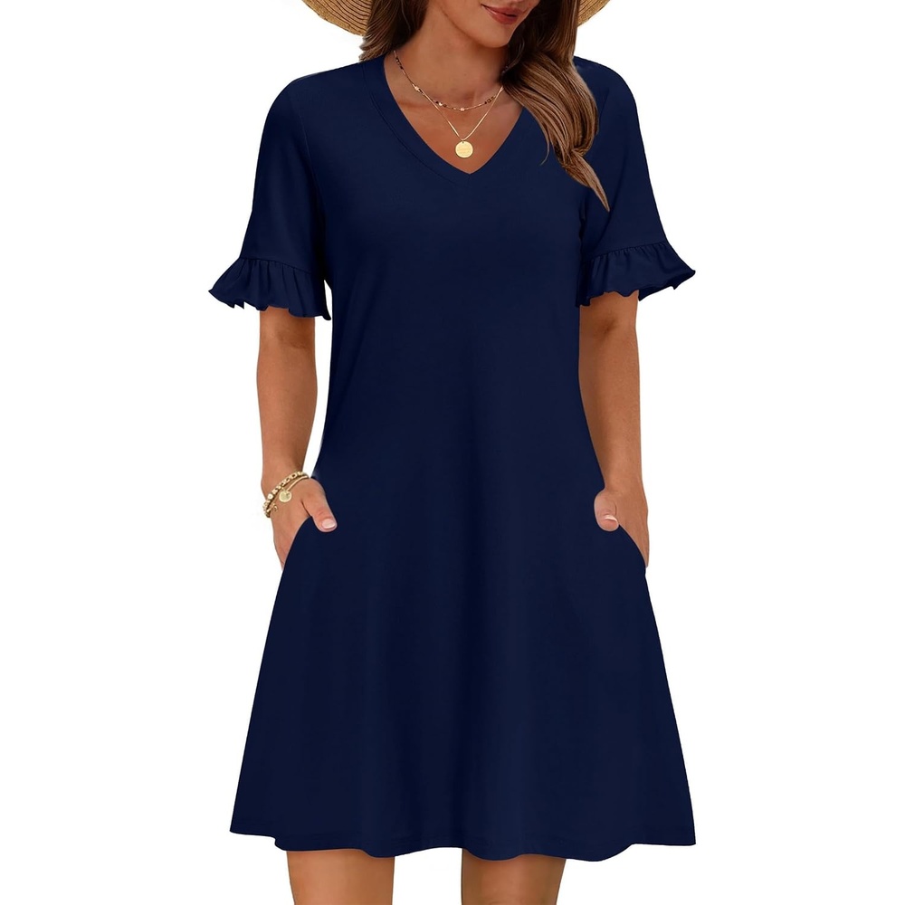 image:imageZeagoo Summer Casual Dresses for Women A Line Sun Dress Ruffle Short Sleeve V Neck Floral Tshirt Dress with PocketsNavy Blue