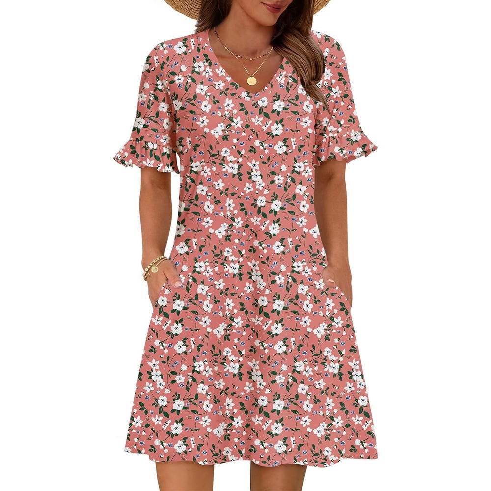 image:imageZeagoo Summer Casual Dresses for Women A Line Sun Dress Ruffle Short Sleeve V Neck Floral Tshirt Dress with PocketsPink Floral