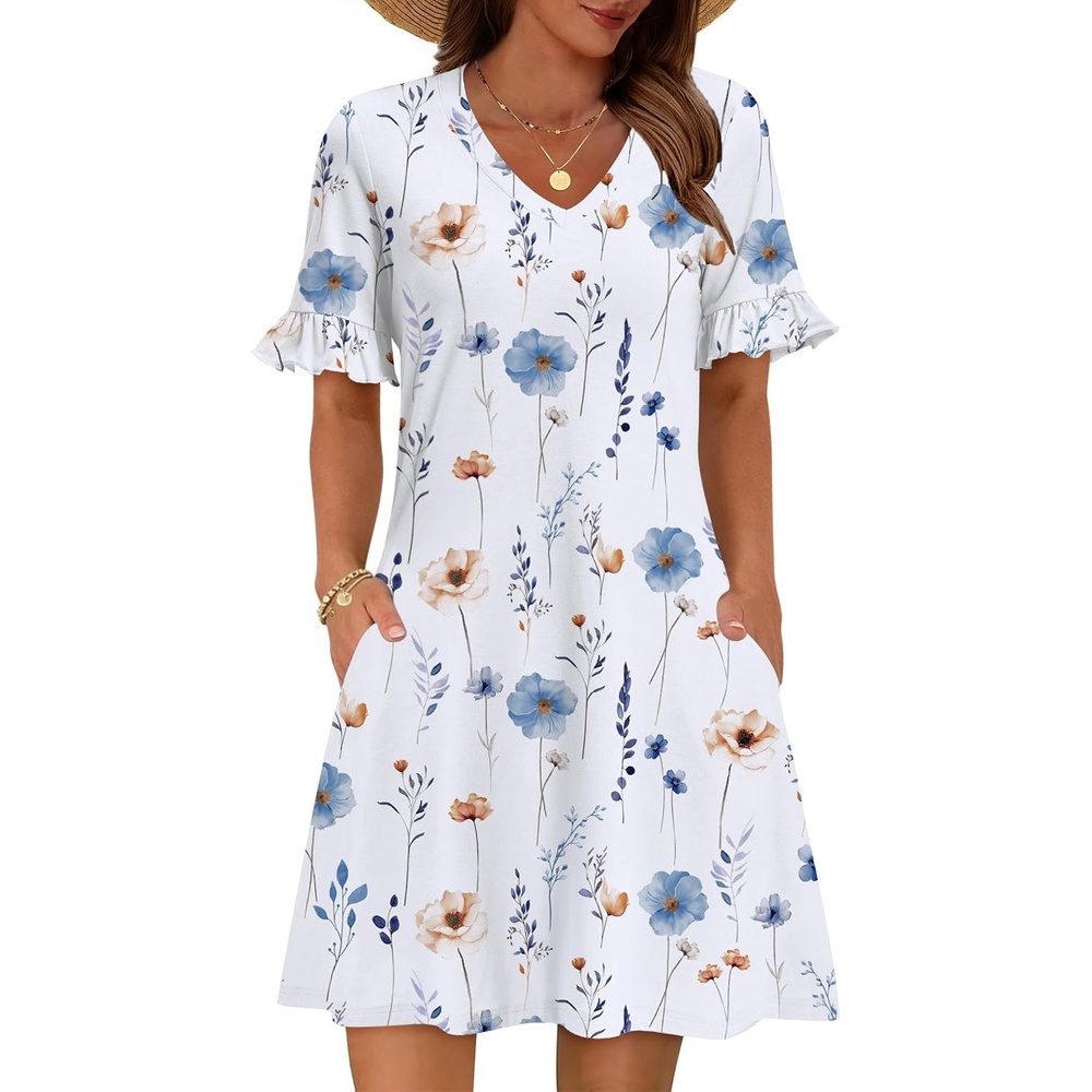 image:imageZeagoo Summer Casual Dresses for Women A Line Sun Dress Ruffle Short Sleeve V Neck Floral Tshirt Dress with PocketsWhite Floral