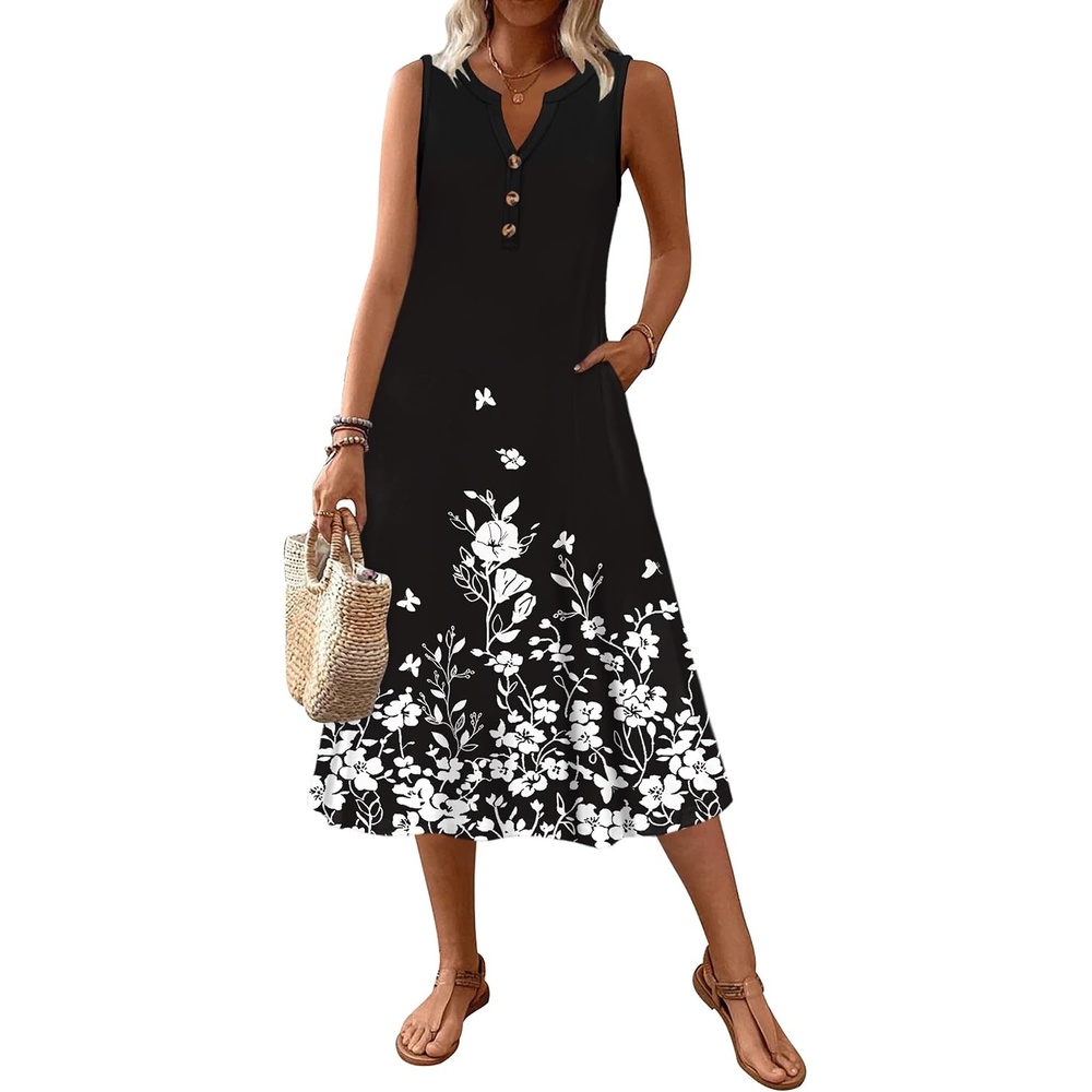 image:imageZeagoo Summer Dress for Women 2026 Sleeveless Tank Midi Dress Vacation Beach Sundress Aline Boho ClothingA02black Floral