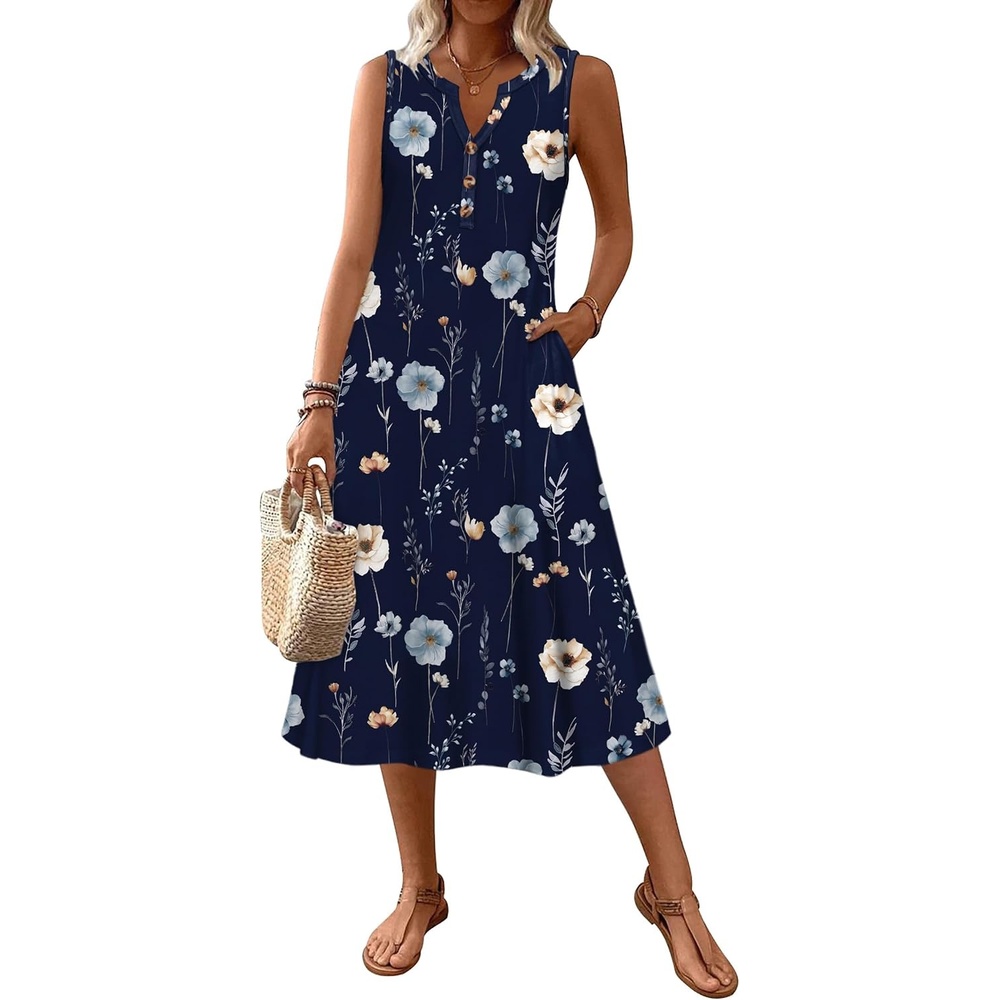 image:imageZeagoo Summer Dress for Women 2026 Sleeveless Tank Midi Dress Vacation Beach Sundress Aline Boho ClothingBlue Floral