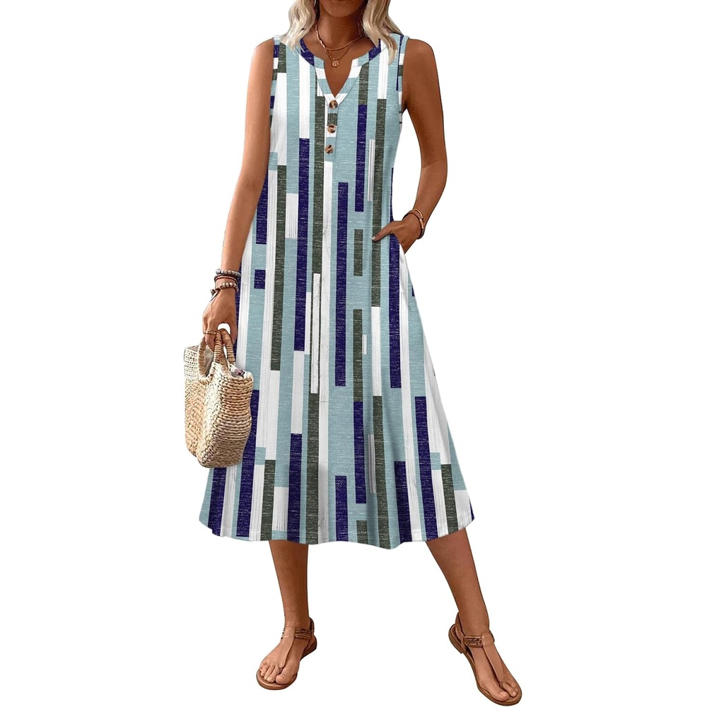 image:imageZeagoo Summer Dress for Women 2026 Sleeveless Tank Midi Dress Vacation Beach Sundress Aline Boho ClothingBlue Geometry