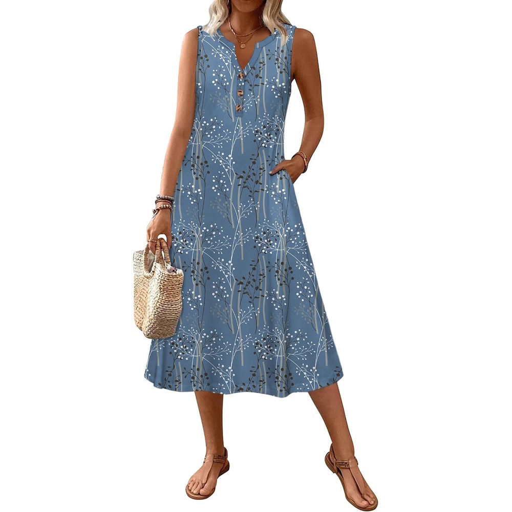 image:imageZeagoo Summer Dress for Women 2026 Sleeveless Tank Midi Dress Vacation Beach Sundress Aline Boho ClothingBlue Plants