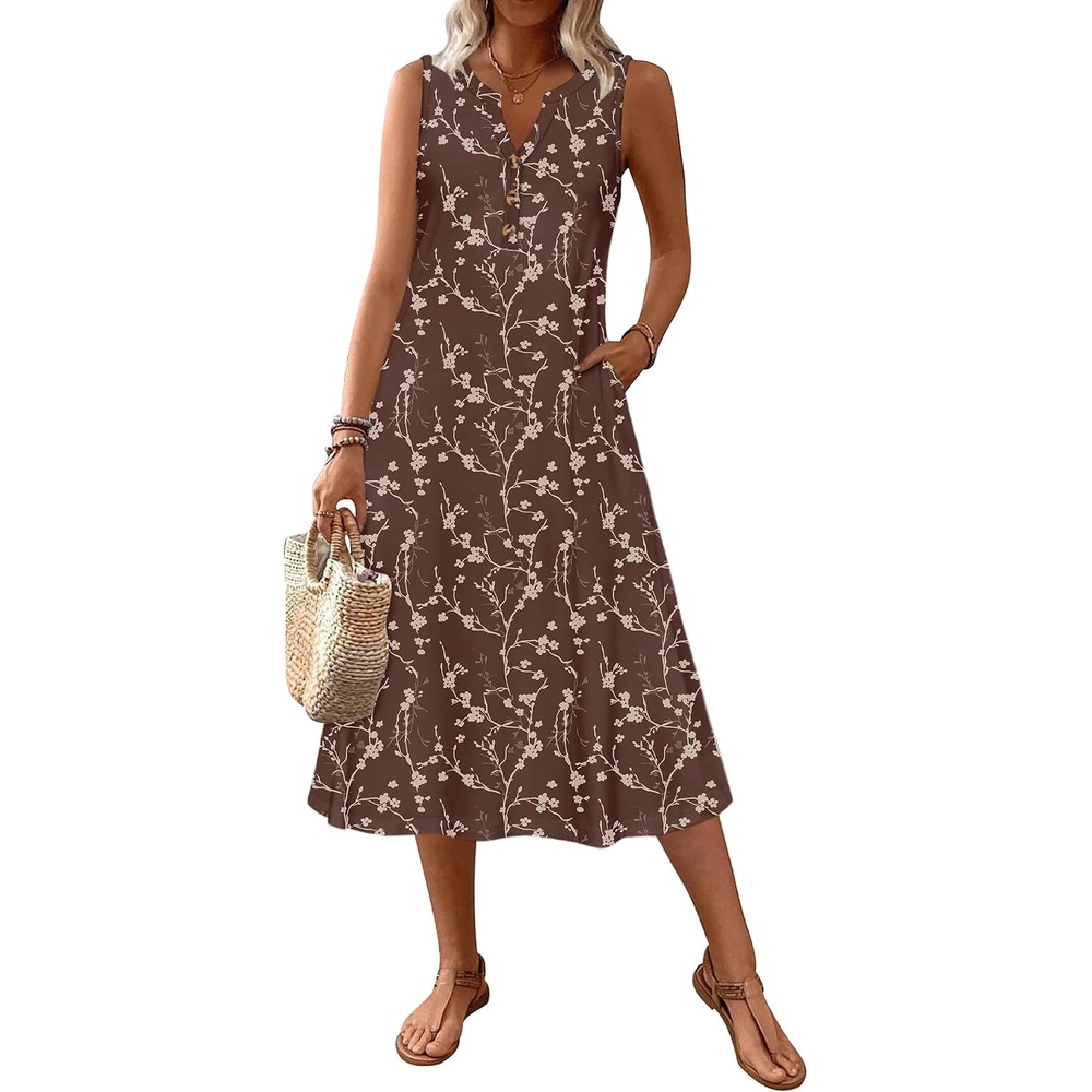 image:imageZeagoo Summer Dress for Women 2026 Sleeveless Tank Midi Dress Vacation Beach Sundress Aline Boho ClothingCoffee Floral