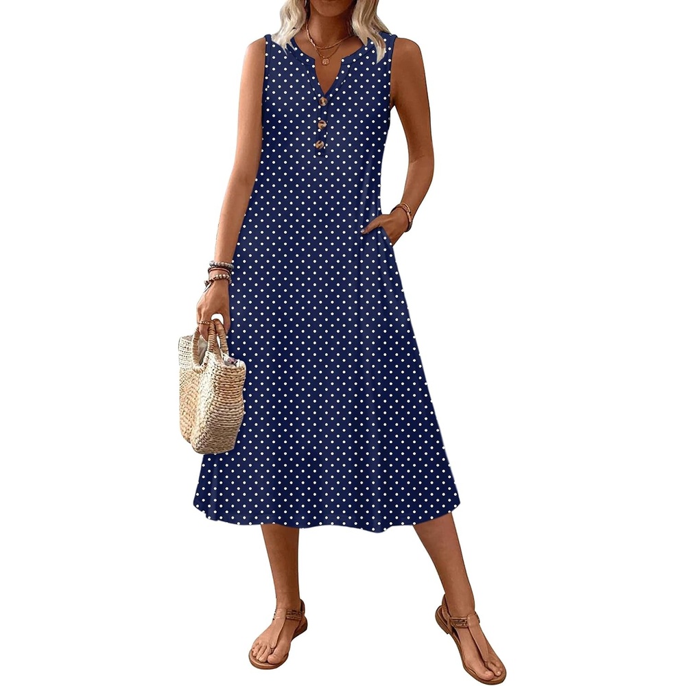 image:imageZeagoo Summer Dress for Women 2026 Sleeveless Tank Midi Dress Vacation Beach Sundress Aline Boho ClothingNavy Blue Polka Dots