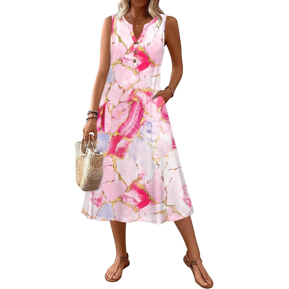 image:imageZeagoo Summer Dress for Women 2026 Sleeveless Tank Midi Dress Vacation Beach Sundress Aline Boho ClothingPink Marble Pattern