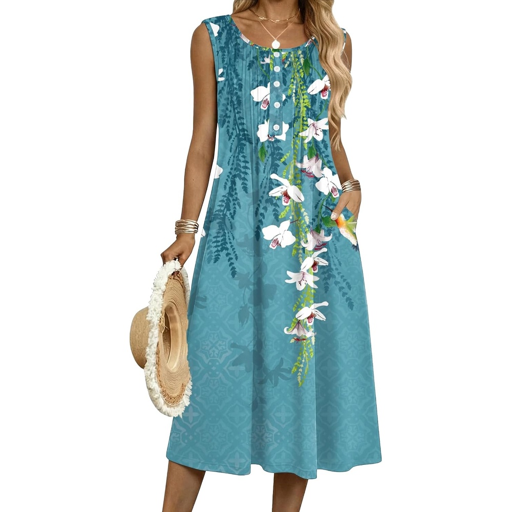 image:imageZeagoo Summer Dress for Women Flowy Aline Casual Midi Tank Dress Boho 202602 Blue Floral