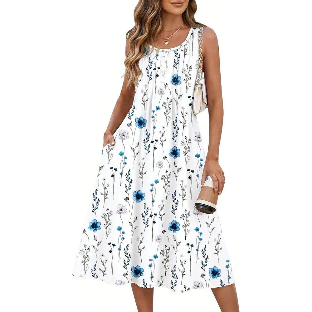 image:imageZeagoo Summer Dress for Women Flowy Aline Casual Midi Tank Dress Boho 202602 White Floral