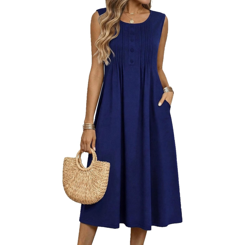 image:imageZeagoo Summer Dress for Women Flowy Aline Casual Midi Tank Dress Boho 2026Solid Navy