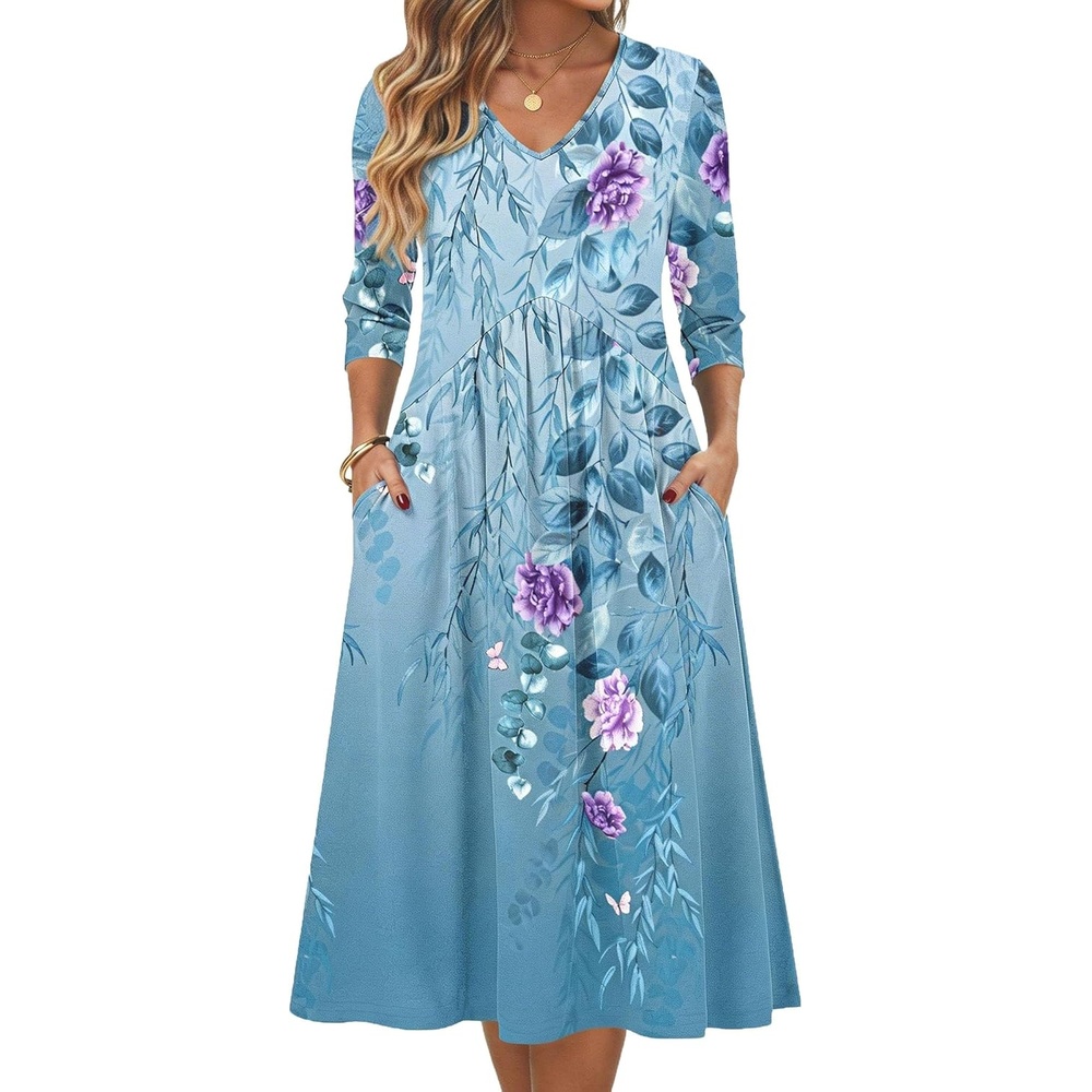 image:imageZeagoo Summer Dresses for Women 2026 34 Sleeve Casual Midi Tshirt DressesBlue Floral