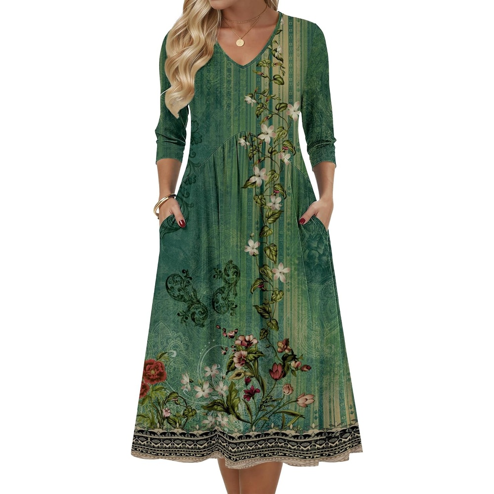 image:imageZeagoo Summer Dresses for Women 2026 34 Sleeve Casual Midi Tshirt DressesGreen Floral