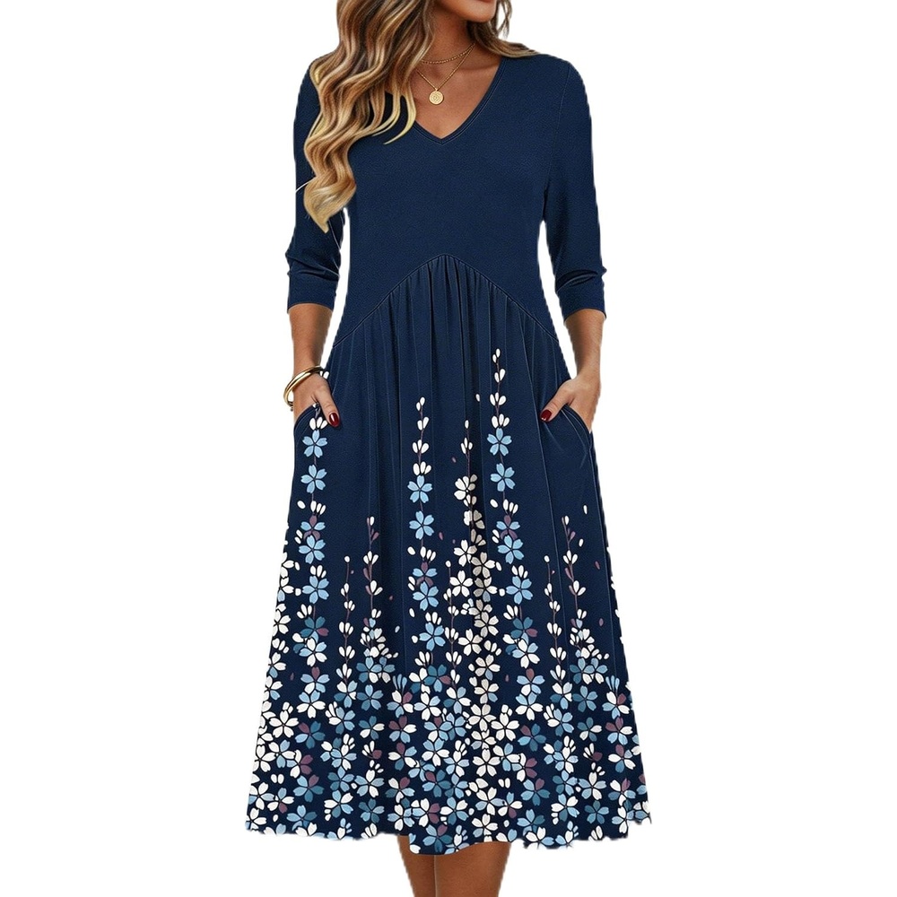 image:imageZeagoo Summer Dresses for Women 2026 34 Sleeve Casual Midi Tshirt DressesNavy Floral
