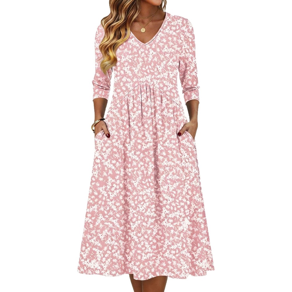 image:imageZeagoo Summer Dresses for Women 2026 34 Sleeve Casual Midi Tshirt DressesPink Floral