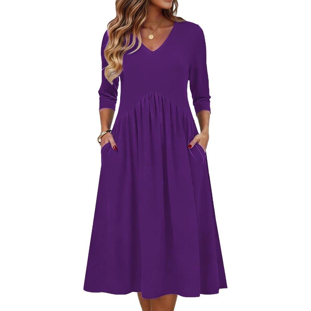 image:imageZeagoo Summer Dresses for Women 2026 34 Sleeve Casual Midi Tshirt DressesSolid Purple